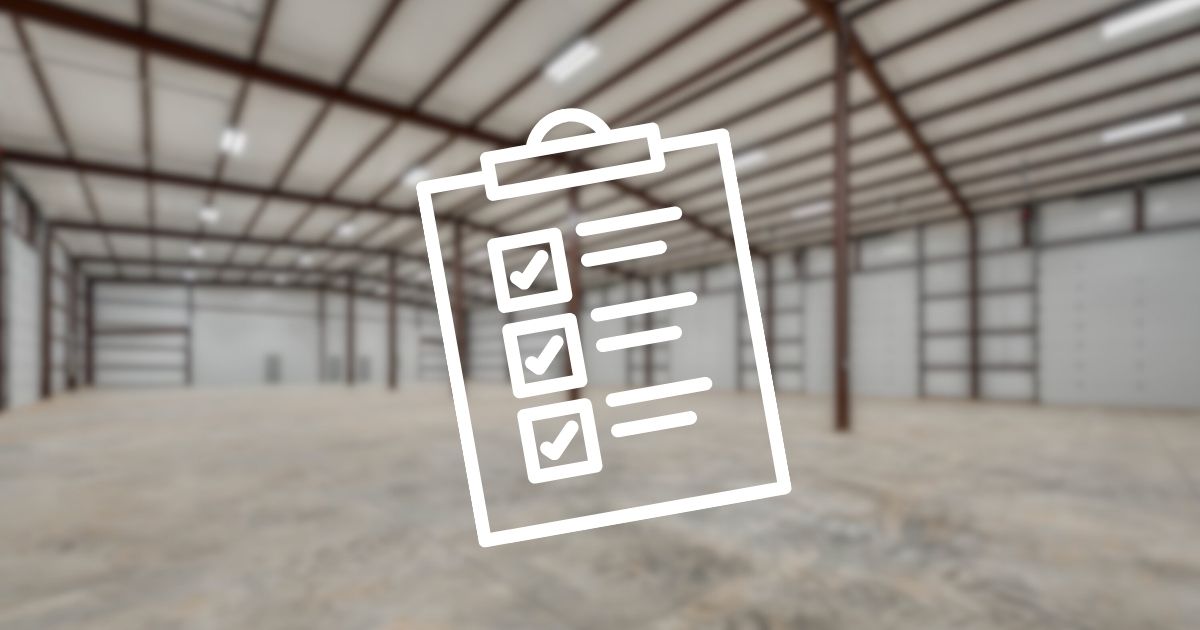 Clipboard icon overlaid on a photo of an empty warehouse
